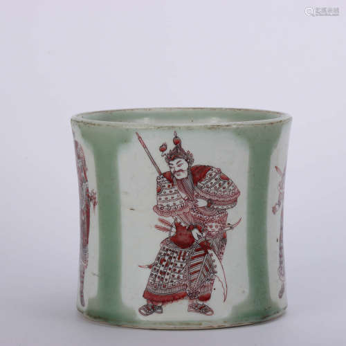 康熙豆青釉釉里红人物笔筒 A Chinese Pea Green Glazed Underglazed Red Porcelain Brush Pot