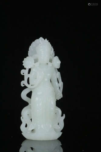 和田玉观音造像 A Chinese Carved Hetian Jade Guanyin Statue