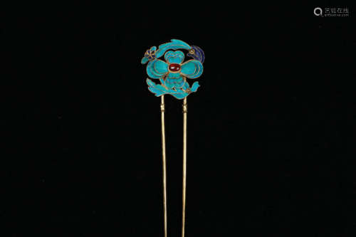 银鎏金点翠发簪 A Chinese Silver Gild Kingfisher Craft hairpin