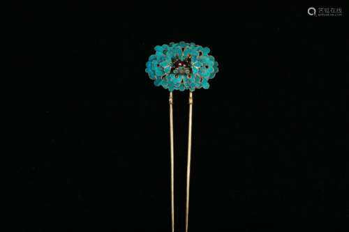 银鎏金点翠发簪 A Chinese Silver Gild Kingfisher Craft hairpin