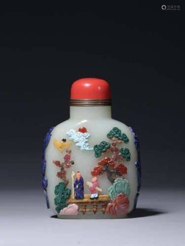 清代：和田白玉百宝嵌·松下高仕鼻烟壶 A Chinese Gem Inlaid Hetian Jade Snuff Bottle