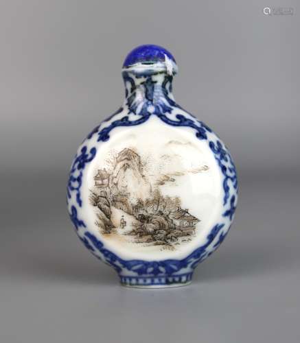 A Chinese Grisaille, Blue & White Snuff Bottle, Qing