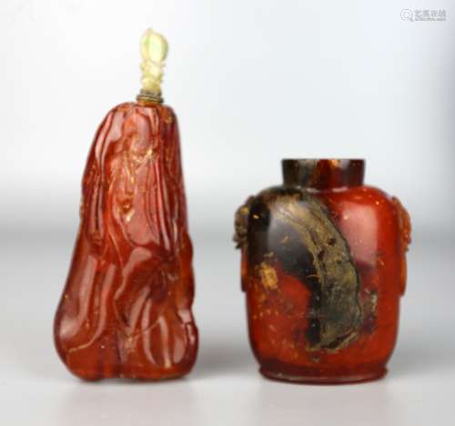 Two Chinese Amber Snuff Bottles, Qing Dynasty,