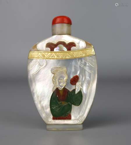 A Chinese Mother of Pearl Snuff Bottle Carved with