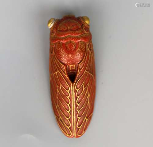 A Chinese Coral Red & Gilt Cicadas, Qing Dynasty