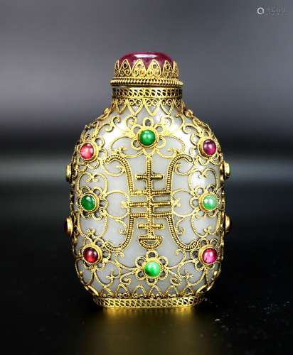 A Chinese White Jade Coverd in Gold & Gemstone