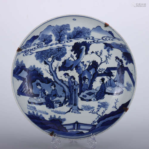 康熙青花仕女图盘 A Chinese Blue and White Figure Painted Porcelain Plate