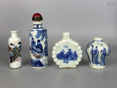 Four Chinese Blue & White Snuff Bottles, Qing Dynasty