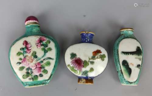 Three Chinese Famille Rose Snuff Bottles, Qing Dynasty
