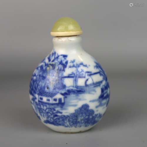A Chinese Blue & White Snuff Bottle Painted with
