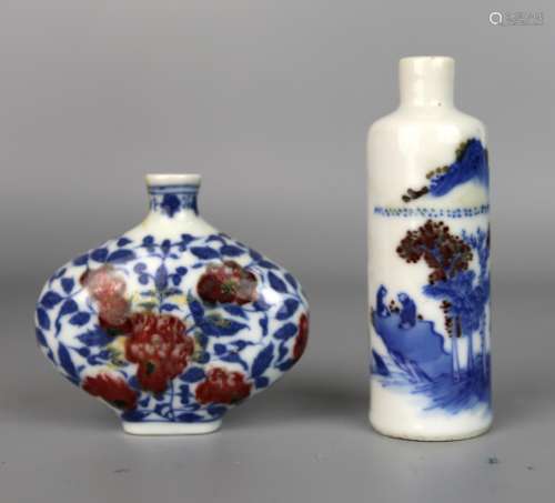 Two Chinese Blue & White Underglaze Red Snuff Bottle