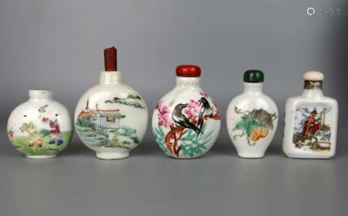 Five Chinese Famille Rose Snuff Bottles, Qing Dynasty