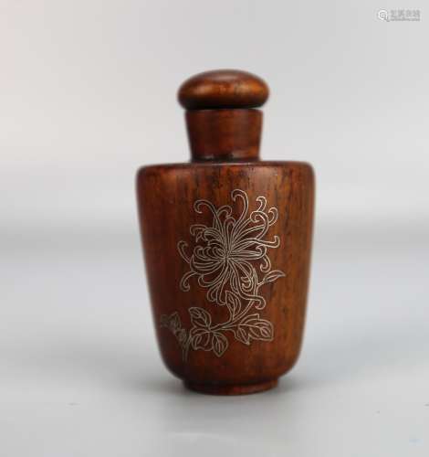 A Chinese Huanghuali Silver Inlaid Snuff Bottle, Qing