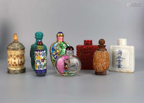 Seven Chinese Snuff Bottles, Various Material