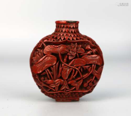 A Chiense Lacquer Snuff Bottle Carved with Lotus Pond,
