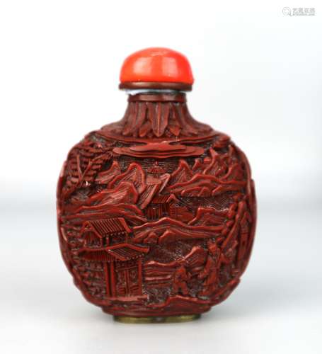 A Chinese Lacuqer Snuff Bottle Carved with Landscape,