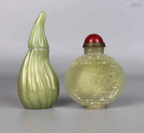 Two Chinese Celadon Jade Snuff Bottle, Qing Dynasty