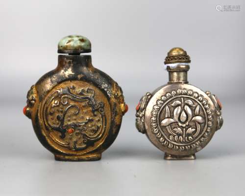 Two Chinese Silver Snuff Bottle, Qing Dynasty