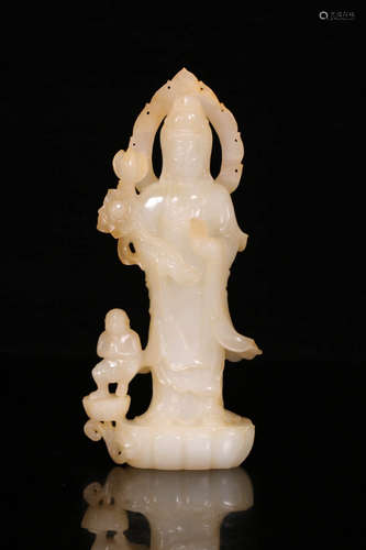 老和田玉送子观音摆件 A Chinese Carved Hetian Jade Songzi Guanyin Statue