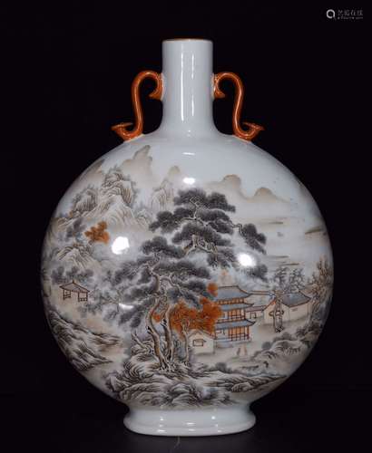 清乾隆墨彩矾红描金山水楼阁纹扁瓶尺寸 A Chinese Ink Color Iron Red Landscape Porcelain oblate Vase