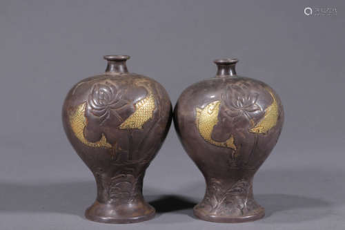 银制金玉满堂梅瓶一对 A Pair of Chinese Silver Vase