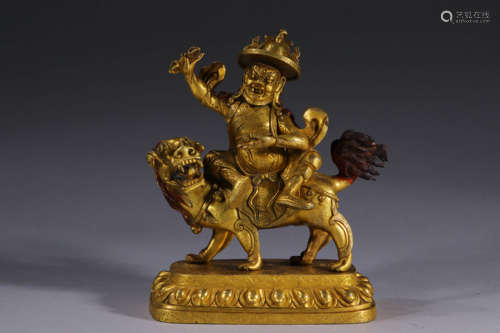 鎏金骑狮护法造像 A Chinese Gilding Bronze Statue og Dhammapala riding a Lion