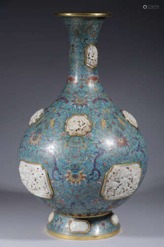 清代：乾隆款·景泰蓝嵌玉花鸟纹赏瓶 A Chinese Cloisonne Jade Inlaid Flower&Bird Pattern Vase