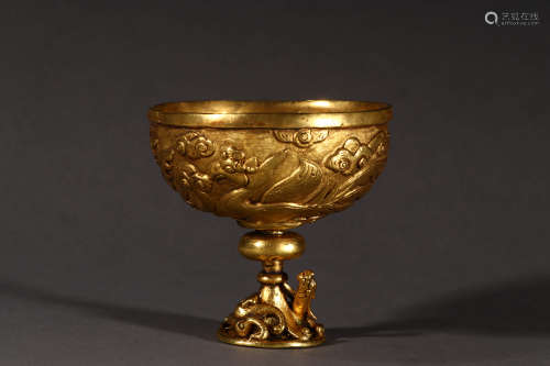 鎏金龙凤纹高足杯 A Chinese Gilding Bronze Dragon&phoenix Pattern Standing Cup