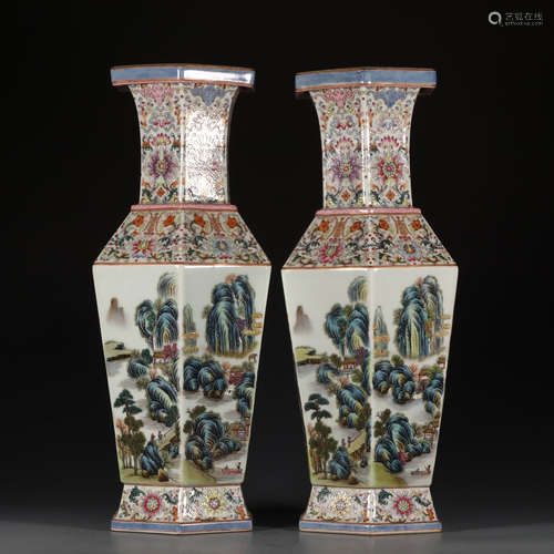 大清乾隆年制款 粉彩图案人物山水六方镶器一对。 A Pair of Chinese Famille Rose Landscape Porcelain hexagon utensils