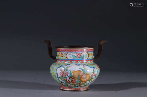 铜胎绘珐琅开窗三多香炉 A Chinese Copper Padding Enamel Floral Incense Burner