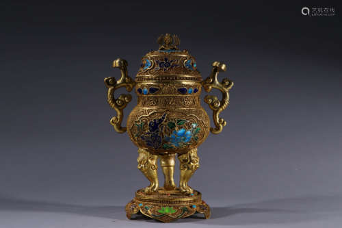 银鎏金花丝蝴蝶花卉纹赏炉 A Chinese Silve Gild Floral Incense Burner