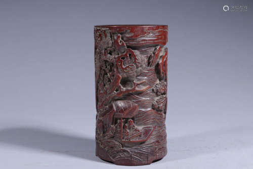 溪山人款·人物泛舟竹雕笔筒 A Chinese Carved Bamboo Brush Pot