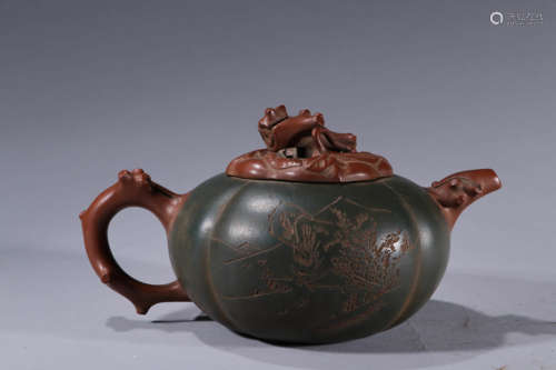 金鼎商标款·山水纹紫砂壶 A Chinese Landscape Painted Purple Sand Pot