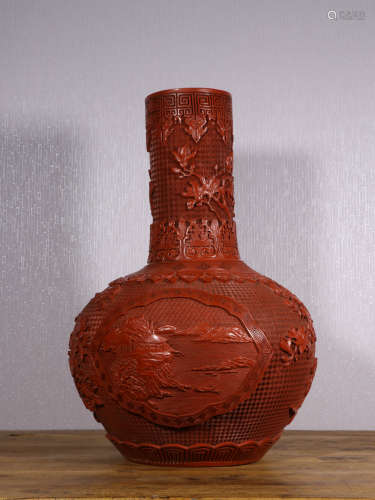 清代：乾隆款·剔红花卉纹·开窗锦绣山河天球瓶 A Chinese Carved Red Lacquerware Floral Vase