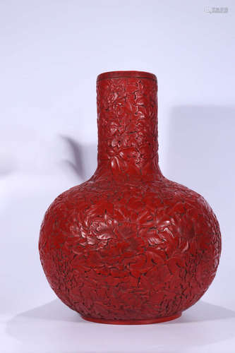 乾隆款·剔红花卉纹天球瓶 A Chinese Carved Red Lacquerware Floral Ball-shaped Vase