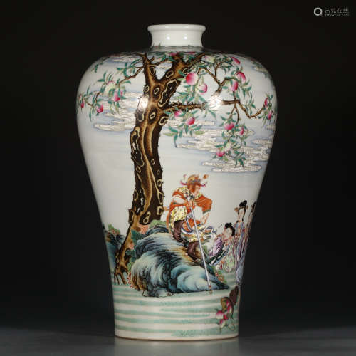 大清雍正年制款 粉彩大圣大闹蟠桃园梅瓶 A Chinese Famille Rose Painted Porcelain Vase