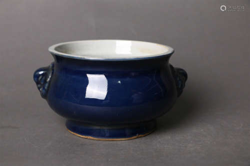 大明万历年霁蓝釉双耳炉 A Chinese Altar Blue Glazed Porcelain Double Ears Censer