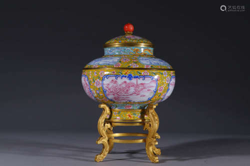 清代：乾隆款·珐琅彩开窗山水纹赏炉 A Chinese Enamel Landscape Porcelain Censer