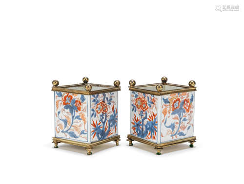 A pair of gilt-bronze mounted Chinese Imari square jardinieres The porcelain 18th century