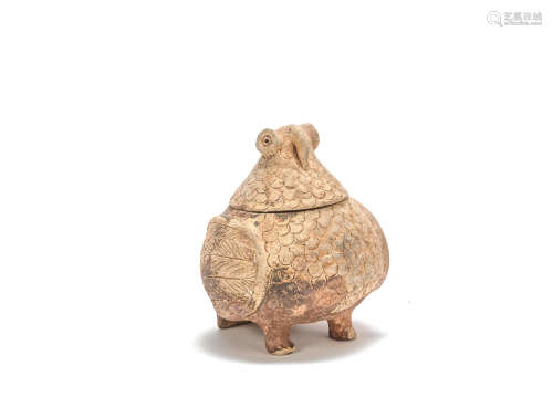 A pottery owl-form jar and cover Han Dynasty