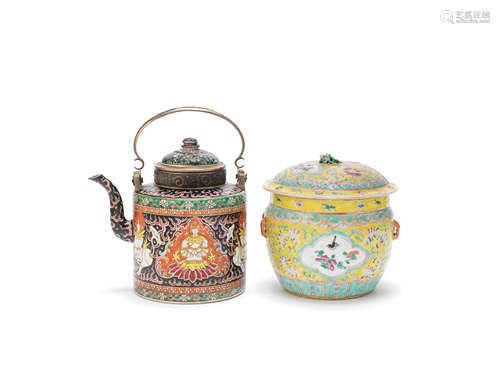 A bencharong 'thep phanom' ewer and cover and a yellow ground Peranakan bowl and cover 19th century