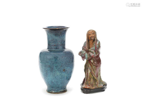 A Shiwan flambé-glazed baluster vase and a Shiwan 'Jun' glazed figure of Damo Late Qing Dynasty