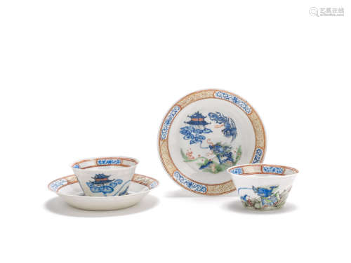 A pair of enamelled tea bowls and saucers 18th century