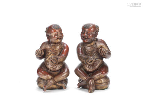 A pair of gilt lacquered wood figures of the HeHe Erxian 19th century