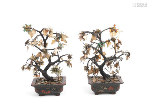 A pair of hardstone trees in lacquer jardinieres 19th/20th century