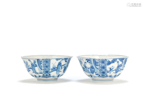 A pair of blue and white lobed square bowls Chenghua six-character marks, Kangxi