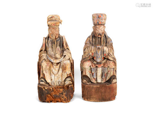 A large pair of carved polychrome wood Daoist figures 17th/18th century