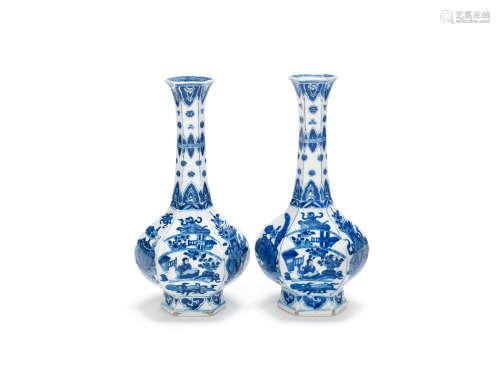 A pair of blue and white hexagonal bottle vases Kangxi