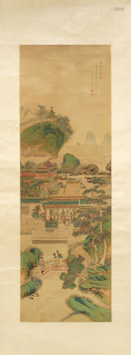 In the manner of Kang Tao (Late Qing Dynasty) 'Writing in the Han Palace' in the style of Qiu Ying