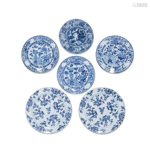 A group of six blue and white export dishes Wanli-Kangxi